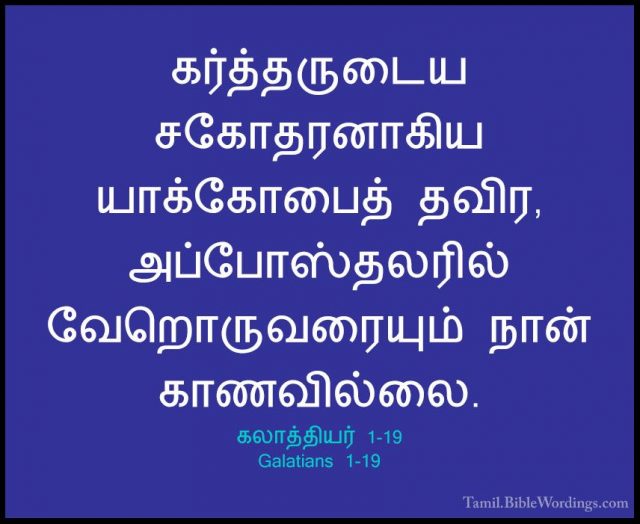 கலாத்தியர் 1-19 - Galatians 1-19கர்த்தருடைய சகோதரனாகிய யாக்கோபைத் தவிர, அப்போஸ்தலரில் வேறொருவரையும் நான் காணவில்லை.