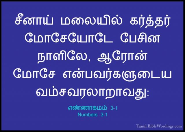 எண்ணாகமம் 3-1 - Numbers 3-1சீனாய் மலையில் கர்த்தர் மோசேயோடே பேசின நாளிலே, ஆரோன் மோசே என்பவர்களுடைய வம்சவரலாறாவது: