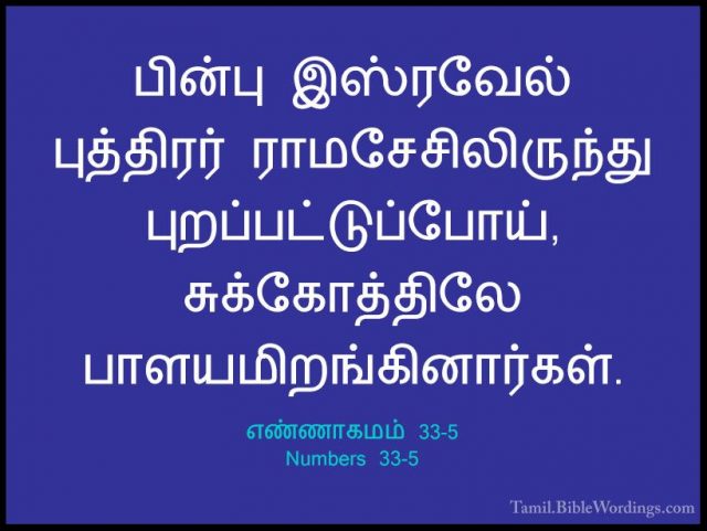 எண்ணாகமம் 33-5 - Numbers 33-5பின்பு இஸ்ரவேல் புத்திரர் ராமசேசிலிருந்து புறப்பட்டுப்போய், சுக்கோத்திலே பாளயமிறங்கினார்கள்.