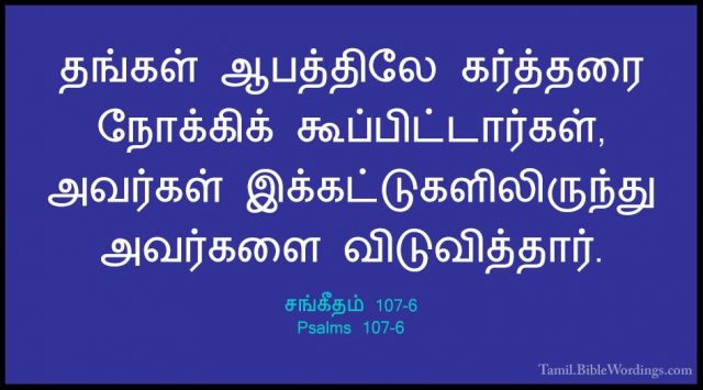 சங்கீதம் 107-6 - Psalms 107-6தங்கள் ஆபத்திலே கர்த்தரை நோக்கிக் கூப்பிட்டார்கள், அவர்கள் இக்கட்டுகளிலிருந்து அவர்களை விடுவித்தார்.