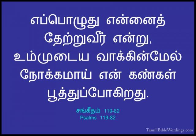 சங்கீதம் 119-82 - Psalms 119-82எப்பொழுது என்னைத் தேற்றுவீர் என்று, உம்முடைய வாக்கின்மேல் நோக்கமாய் என் கண்கள் பூத்துப்போகிறது.