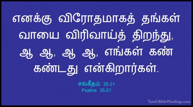 சங்கீதம் 35-21 - Psalms 35-21எனக்கு விரோதமாகத் தங்கள் வாயை விரிவாய்த் திறந்து, ஆ ஆ, ஆ ஆ, எங்கள் கண் கண்டது என்கிறார்கள்.